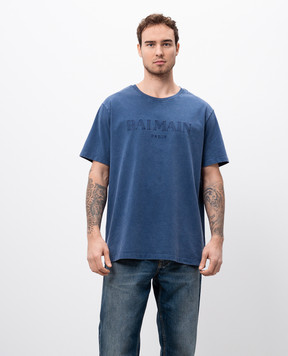 Balmain Голубая футболка с вышивкой логотипа DH1EG010BC72