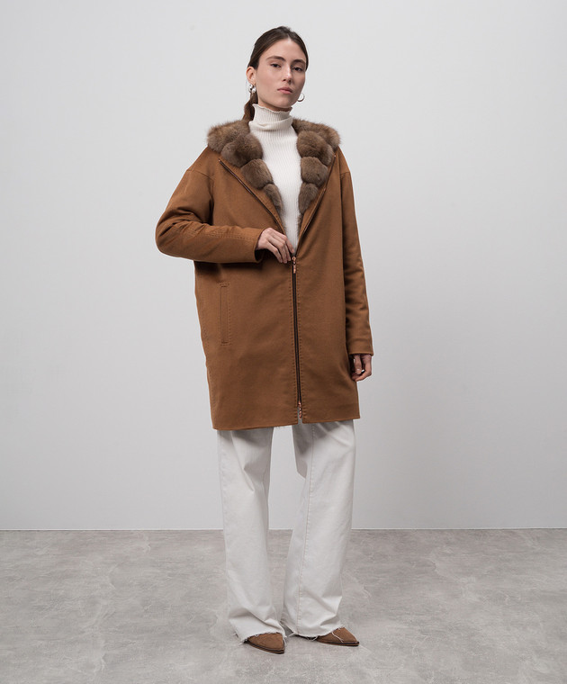 Via Cappella Коричневое пальто из кашемира с мехом соболя P11785CASHMERE изображение 3