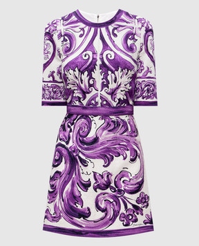 Dolce&Gabbana Біла сукня міні з льоном в принт Майоліка F6TSUTFP9AK