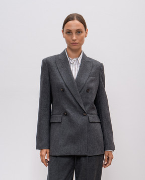 Brunello Cucinelli Серый двубортный жакет из шерсти и кашемира с цепочкой мониль MD5887083