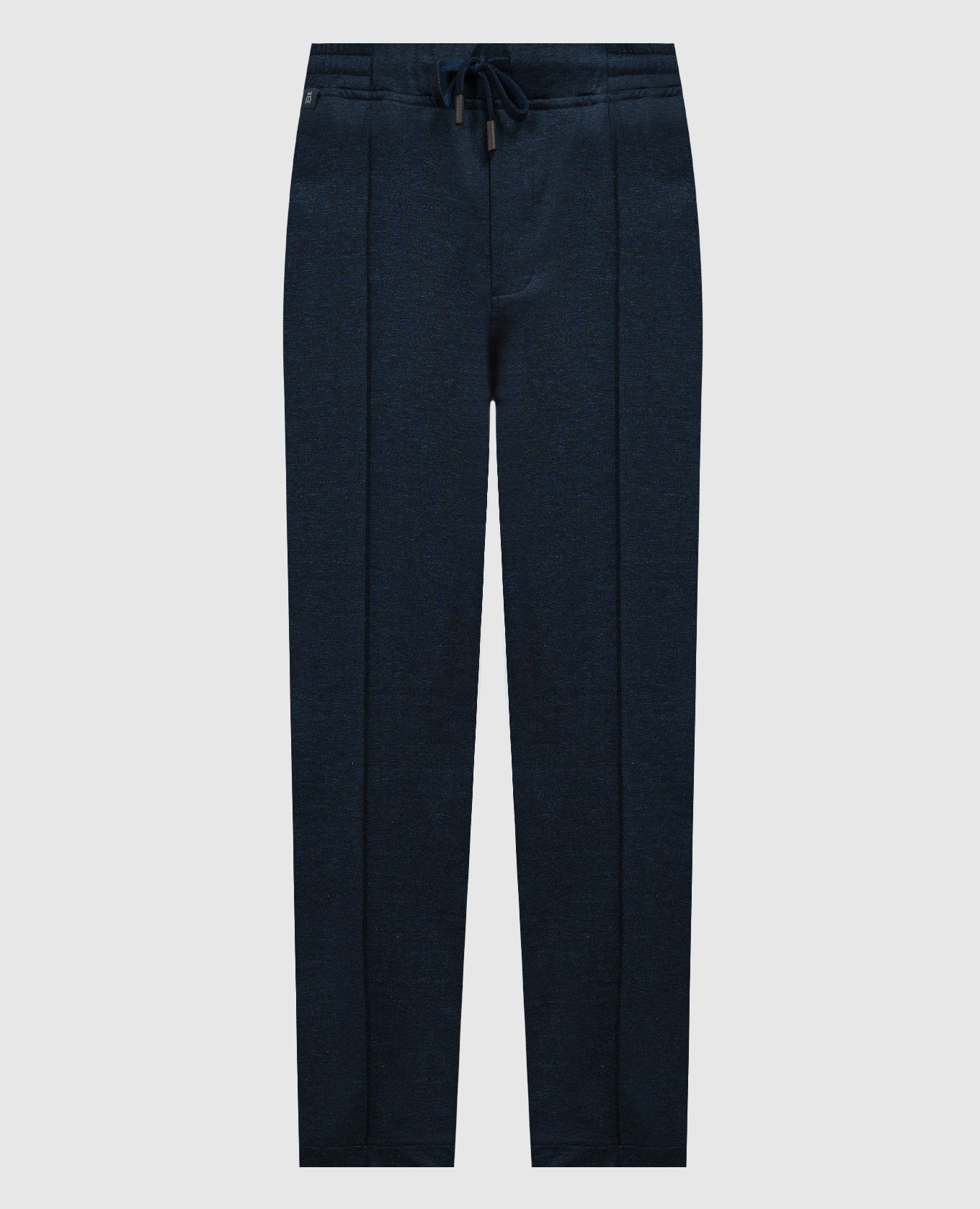Blue sweatpants with a logo patch
