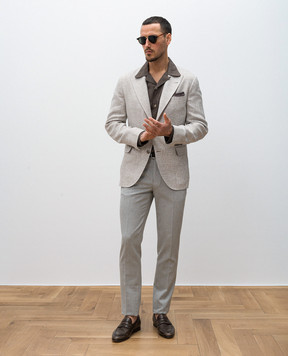 Brunello Cucinelli Бежевий піджак з льону, вовни та шовку в клітинку MR4807BFD2