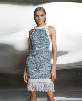 Balmain Синее твидовое платье с льном CF1R3131KF88