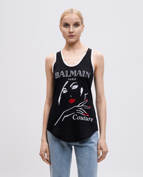 Balmain Черный топ с принтом логотипа EF0EB054GE88