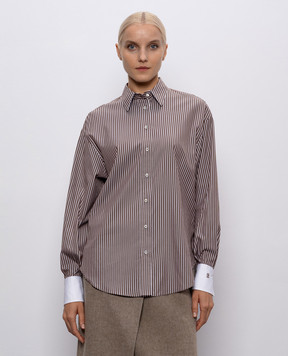 Brunello Cucinelli Коричнева сорочка з шовком в смужку з ланцюжком моніль MA794NM116