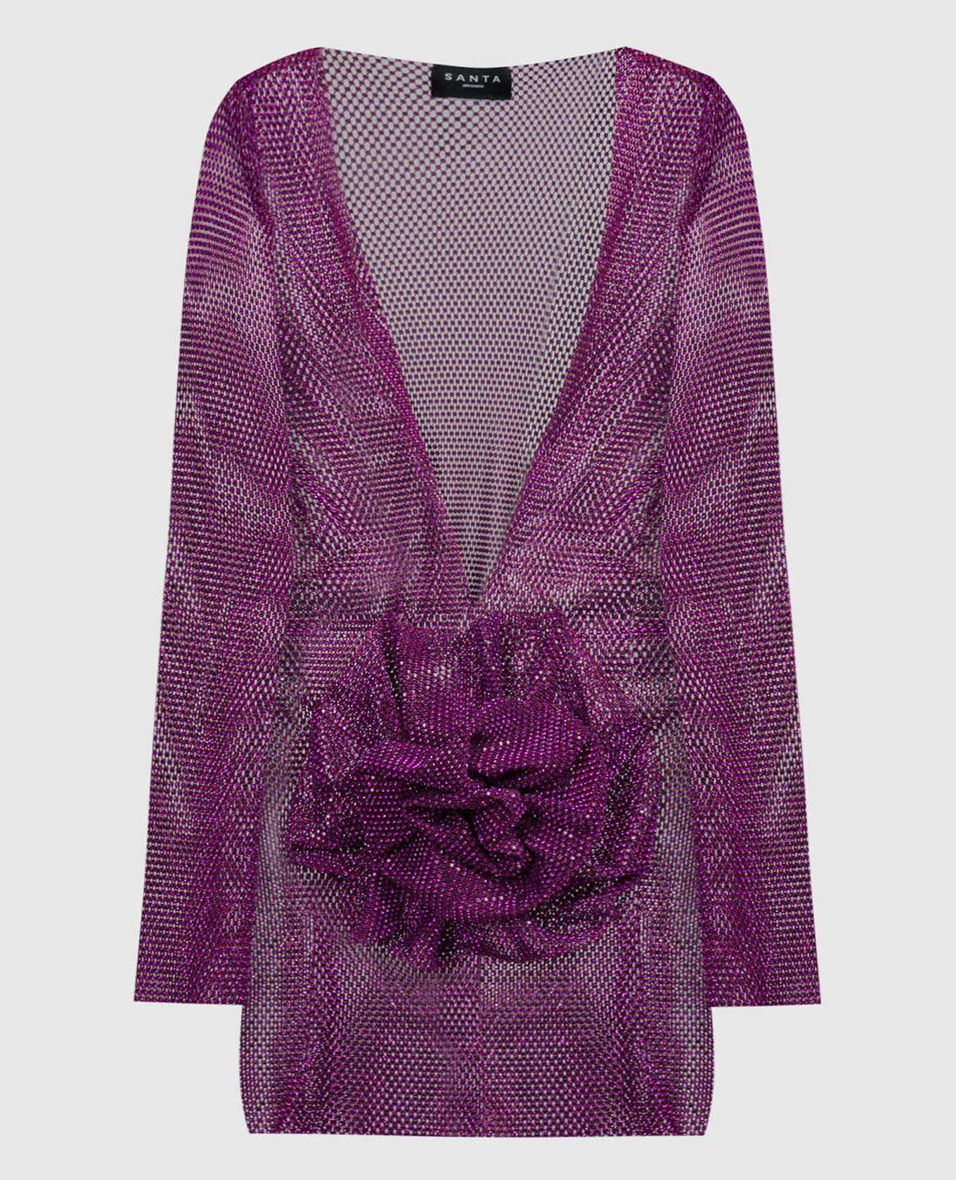 Purple mini dress with crystals and appliqué in the form of a flower