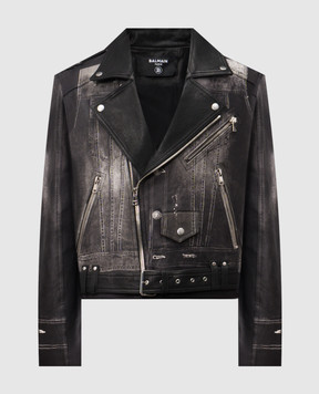 Balmain Черная кожаная косуха с принтом EH1TD507LD79