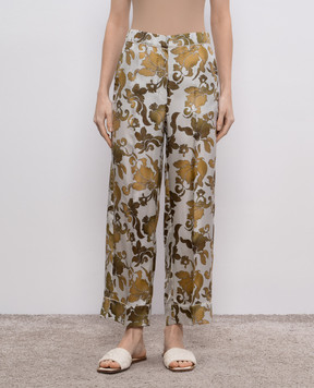 Max Mara Белые штаны LEDA из шелка в цветочный принт. LEDA