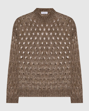 Brunello Cucinelli Коричневий ажурний светр з мохером з паєтками MNA326500