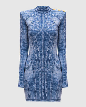 Balmain Синее платье-футляр мини в жаккардовый узор EF1R8237KH80