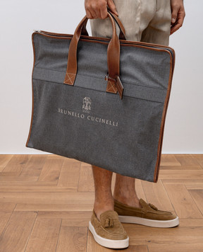 Brunello Cucinelli Сірий кофр зі шкіряними вставками з логотипом MWN4ZU390