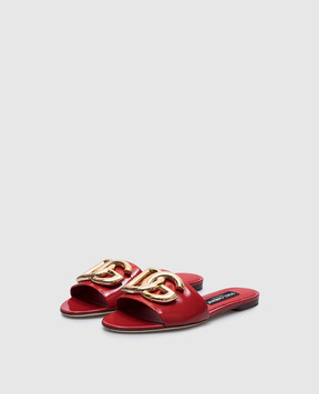 Dolce&Gabbana Красные кожаные глянцевые шлепанцы с логотипом. CQ0455A1037