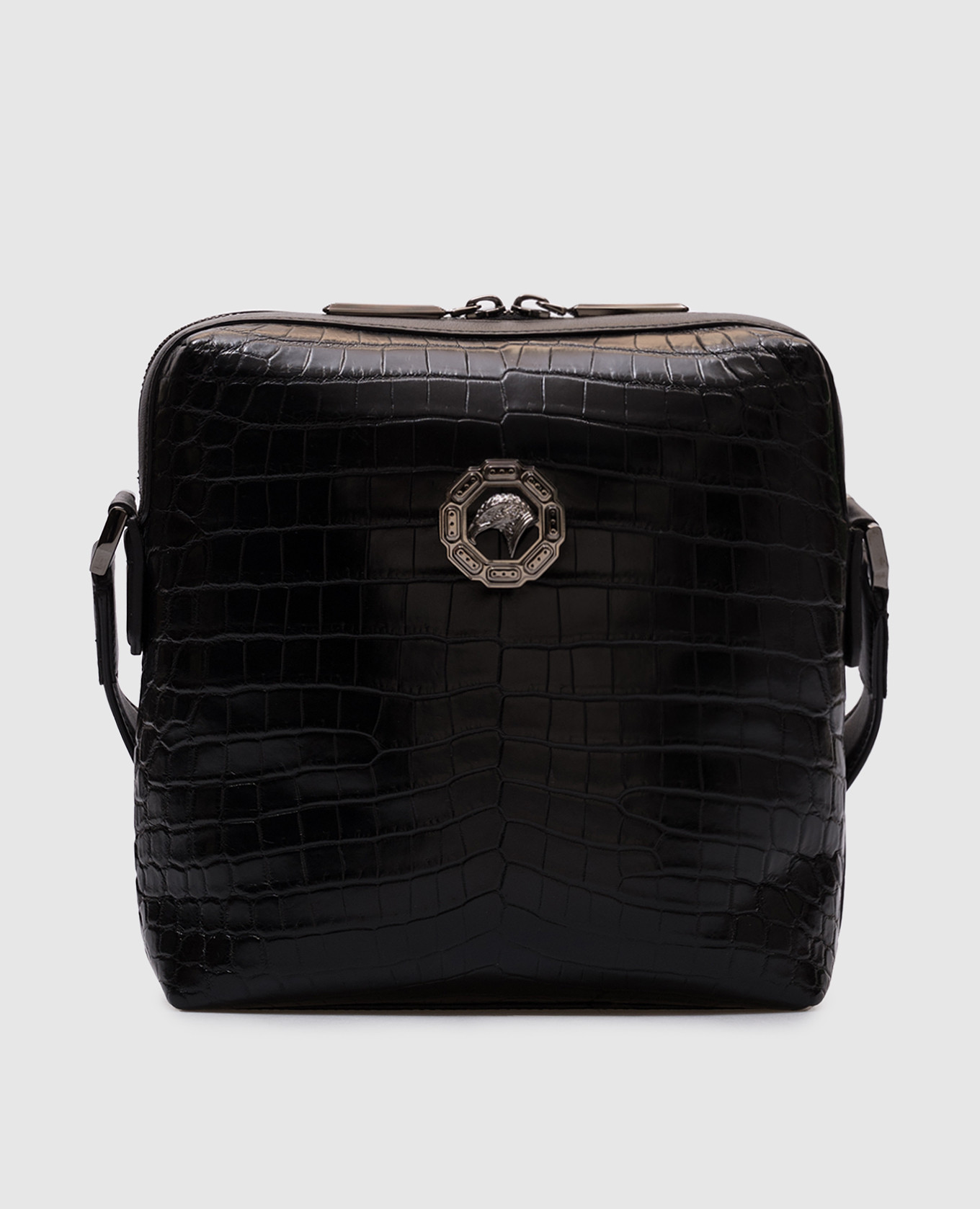 

Черная глянцевая сумка из кожи крокодила с эмблемой, Черный, Сумки через плечо