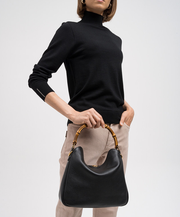 Gucci Чорна шкіряна сумка з металевим логотипом з ручкою із бамбука 746124UAAAY зображення 2