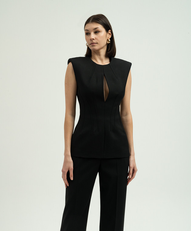Alexander McQueen Черный топ из шерсти с фигурным вырезом 791180QJACX изображение 3