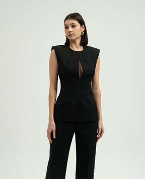 Alexander McQueen Черный топ из шерсти с фигурным вырезом 791180QJACX