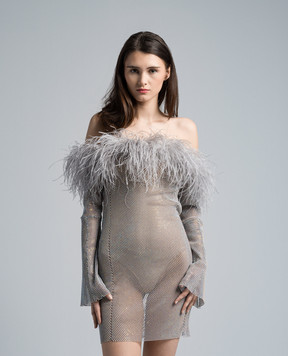 Santa Brands Сіра сукня міні з кристалами і пір'ям страуса MINIDRESSWITHFEATHERS