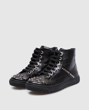 Philipp Plein Детские черные кожаные кроссовки с металлическим логотипом. BSC00172935