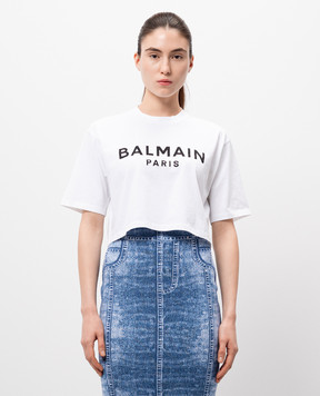 Balmain Белая укороченная футболка с принтом логотипа BF1EE020BB02