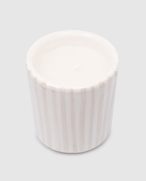 Brunello Cucinelli Біла ароматична свічка в керамічному свічнику в бежеву смужку з логотипом MLCANMD200