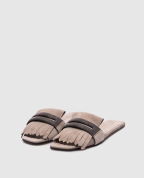 Brunello Cucinelli Бежевые замшевые шлепанцы с цепочкой мониль MZSFC2873