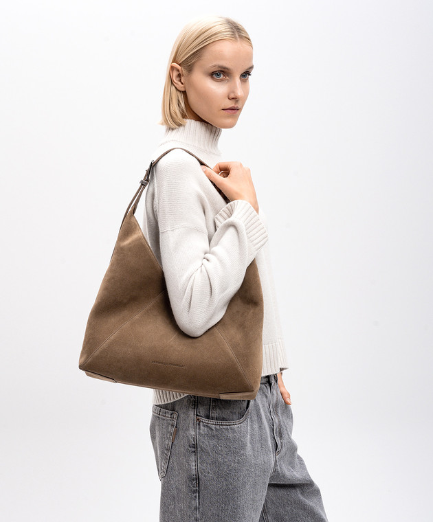 Brunello Cucinelli Коричневая замшевая сумка-хобо Duo с тиснением логотипа MBHID3678 изображение 2