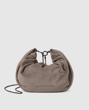 Brunello Cucinelli Сіра замшева сумка-хобо Brioche з логотипом MBHID2666
