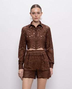 Ermanno Scervino Коричневая блуза с вышивкой бродери D464K611RXT