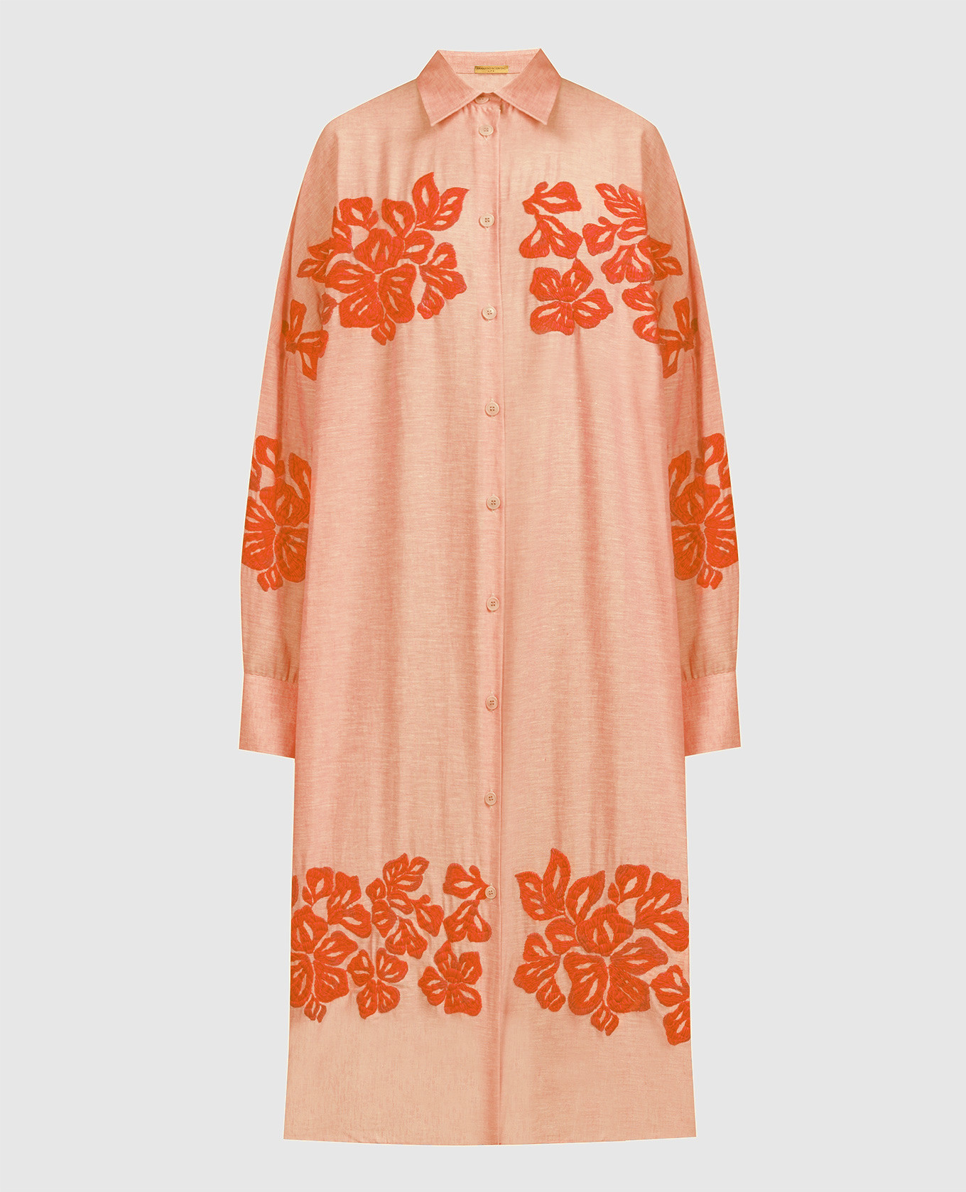 Оранжевое платье-рубашка из льна с вышивкой