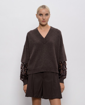 Brunello Cucinelli Коричневий пуловер з кашеміру з паєтками M12730002