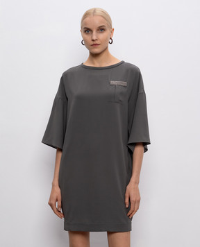 Brunello Cucinelli Серое платье из шелка с цепочкой мониль MA901A40B3