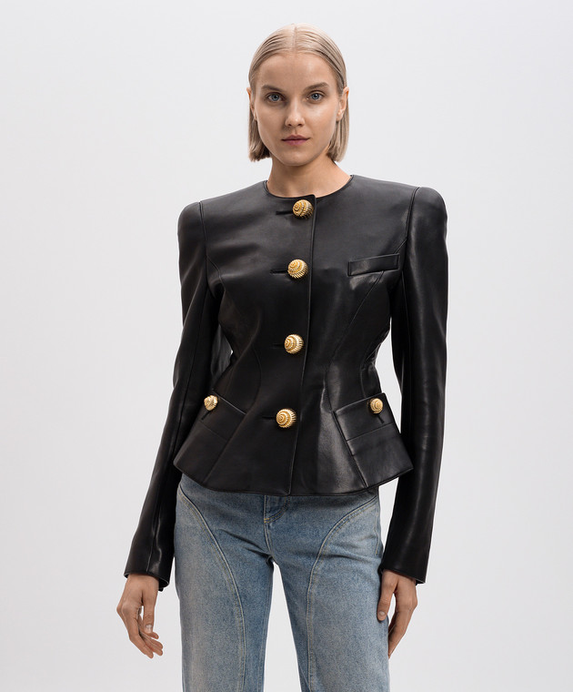 Balmain Черный кожаный жакет с брендовыми пуговицами DF0SK690LC62 изображение 3