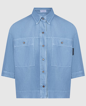 Brunello Cucinelli Блакитна джинсова сорочка з льоном з ланцюжком моніль ML996MH636