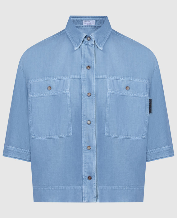 Blue denim shirt with linen with monil chain