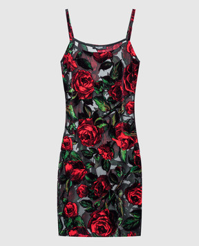 Balmain Чорна сукня міні в принт Rose CF0R2330JI22