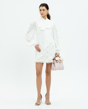 Balmain Біла твідова сукня з шовком та пір'ям страуса DF1R9179MF18