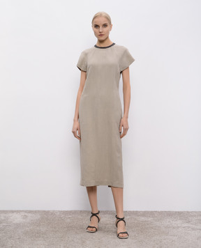 Brunello Cucinelli Бежевое платье с леном с цепочкой мониль MH126AHB51
