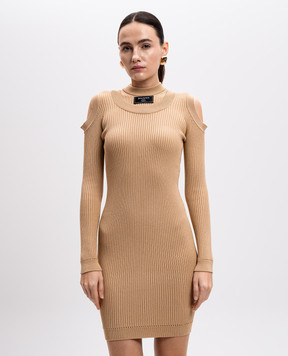 Balmain Бежева сукня міді в рубчик з патчем логотипа EF1R8291KI10