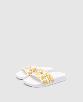 Dolce&Gabbana Детские белые кожаные шлепанцы с логотипом и принтом Майолика D10705A18383236