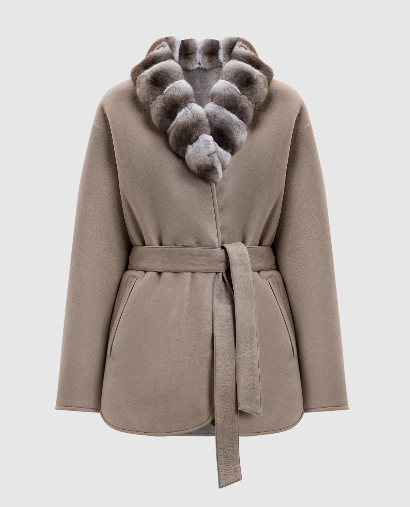 

Бежевая дубленка на запах с мехом шиншиллы, Бежевый, Дубленки