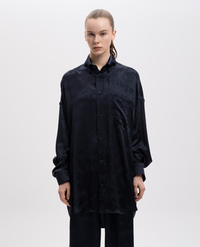 Balenciaga Синяя блузка из шелка в логотипе тканый узор. 773300TRN04