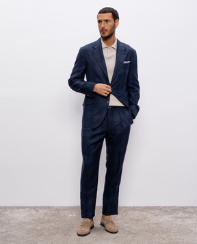 Brunello Cucinelli Синий костюм из шерсти, льна и шелка в клетку MR486LDWH