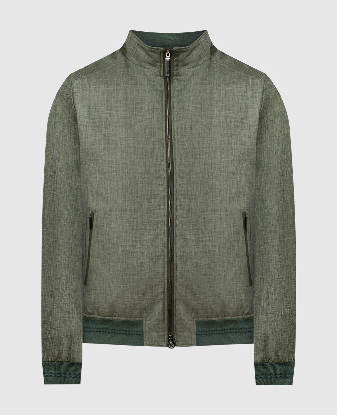 Green jacket made of linen, wool and silk with leather inserts