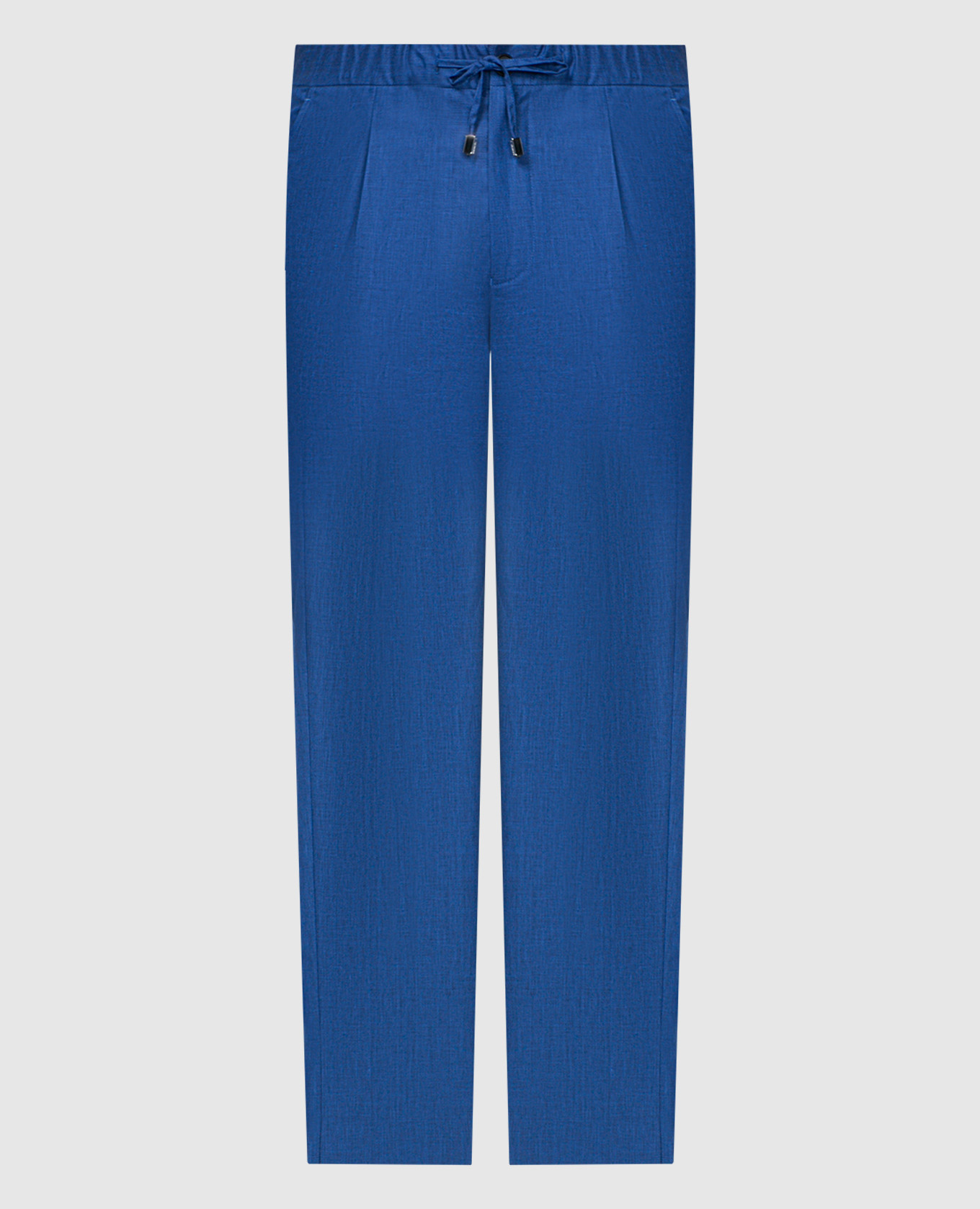 Синие брюки из льна, шерсти и шелка.