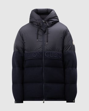 Moncler Синий комбинированный пуховик с шерстью с вышивкой логотипа J20911A00146M5113
