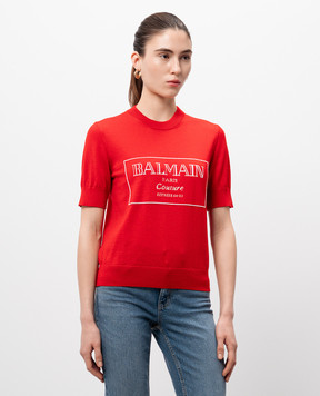 Balmain Красный топ из шерсти с логотипом узором. EF1KA115KH87