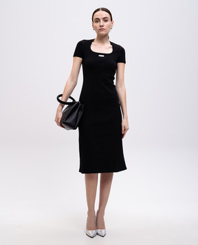 Alexander McQueen Чорна сукня міді в рубчик з логотипом 829113QLAER