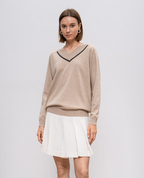 Brunello Cucinelli Бежевий пуловер із кашеміру з ланцюжком моніль M12167902P