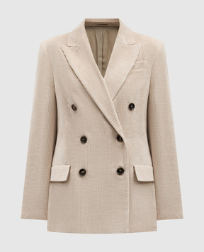 Brunello Cucinelli Бежевий двобортний вельветовий жакет з ланцюжком моніль MD5767032P