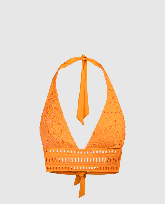 Orange swimsuit bodice with floral embroidery